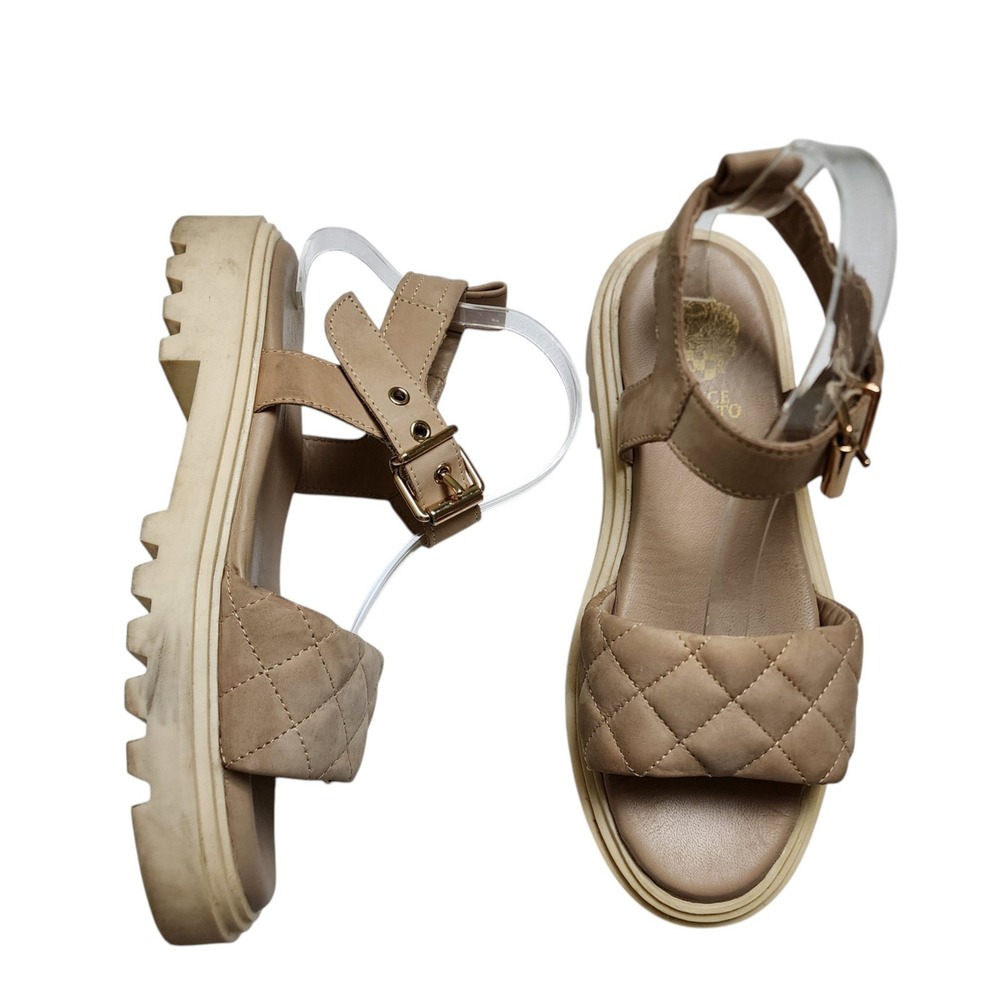 Vince Camuto Sassia Platform Sandal Size 9 Beige Quilted Leather Lug Sole Buckle